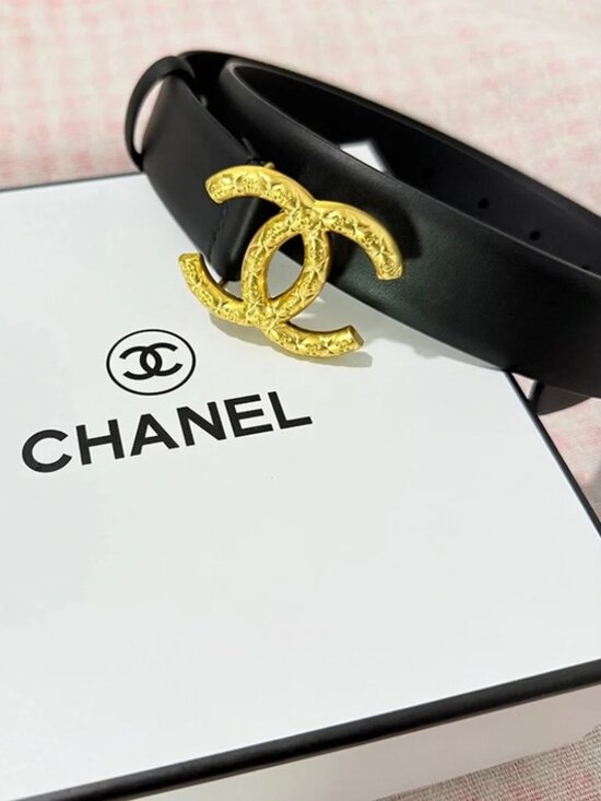 Chanel Black Leather Belt Gold Textured Interlocking CC Buckle Designer Waist Be main image 5